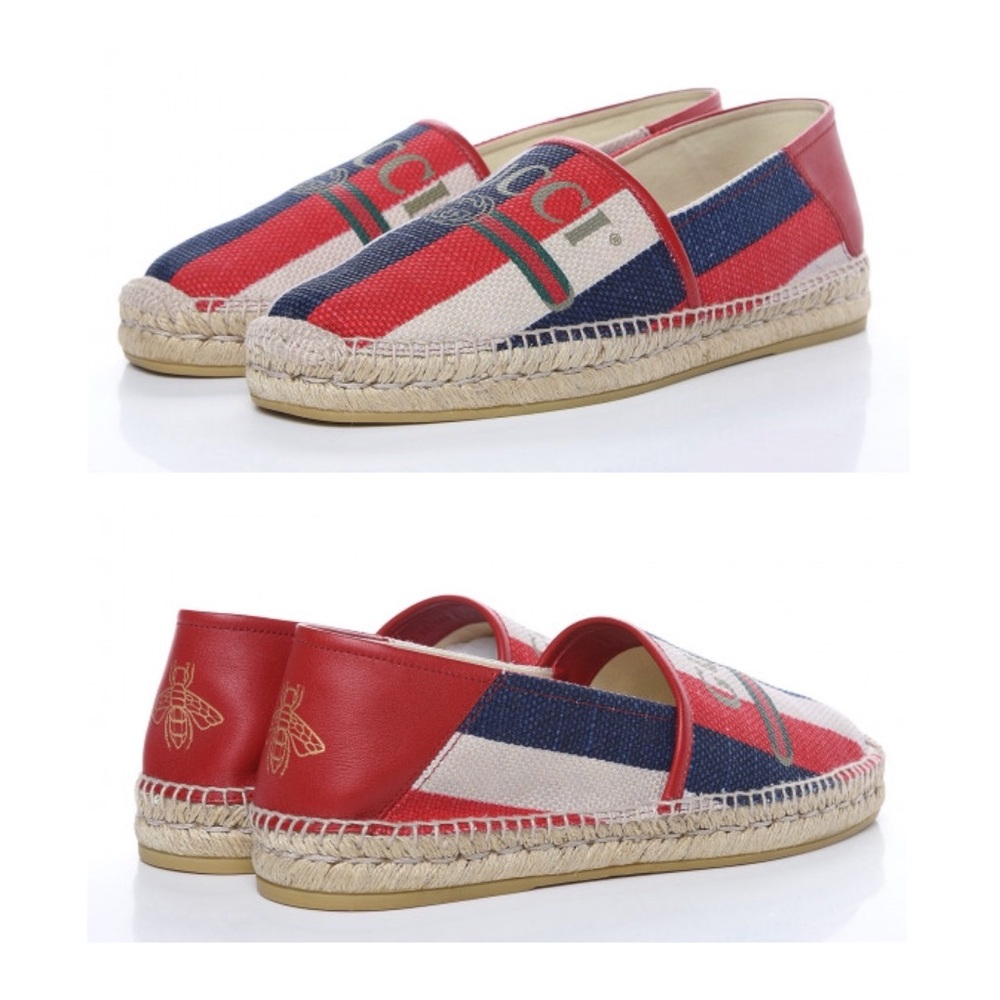 Gucci Sylvie Stripes Interlocking G Logo Canvas Leather Espadrilles Flats size 8